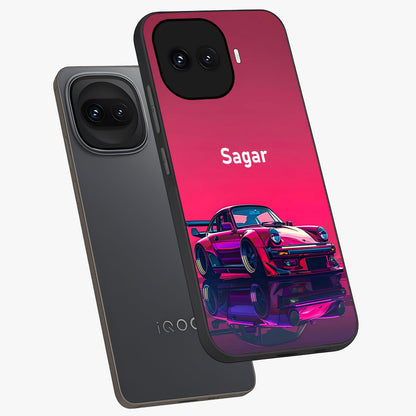 Neon Pink Porsche Glass Case displayed in angled mockup highlighting sleek neon pink car design with racing aesthetic.