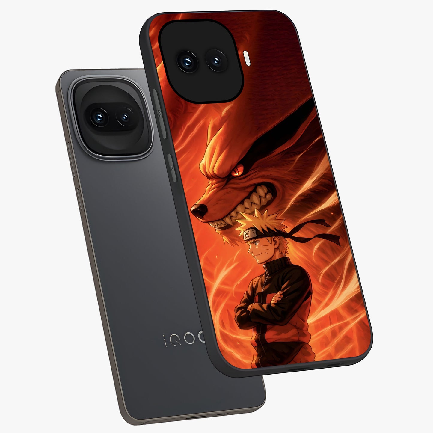 Nine Tails Legacy Glass Case displayed in angled mockup highlighting dynamic anime beast illustration with bold mystical aesthetic.