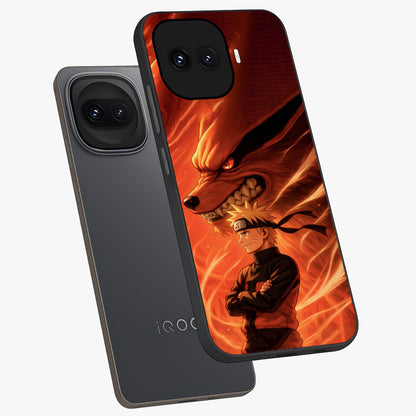 Nine Tails Legacy Glass Case displayed in angled mockup highlighting dynamic anime beast illustration with bold mystical aesthetic.