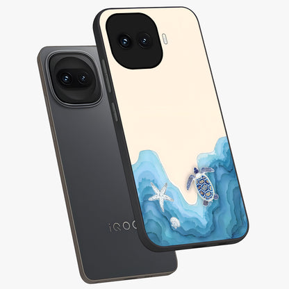 Ocean Drift Turtle Glass Case displayed in angled mockup highlighting peaceful ocean turtle illustration with marine aesthetic.