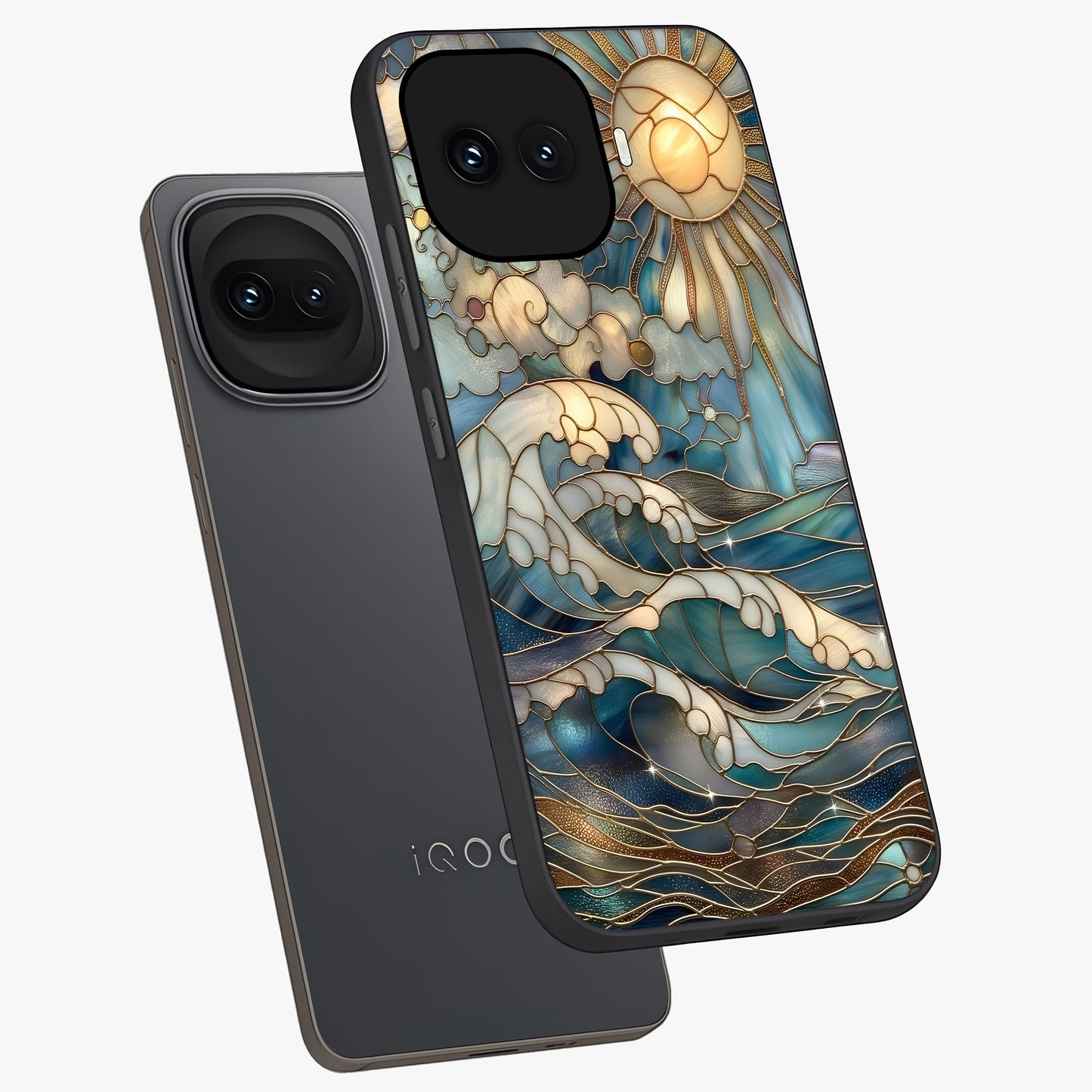 Oceanic Stained Printed Glass Case displayed in angled mockup highlighting colorful aquatic design with artistic aesthetic style.