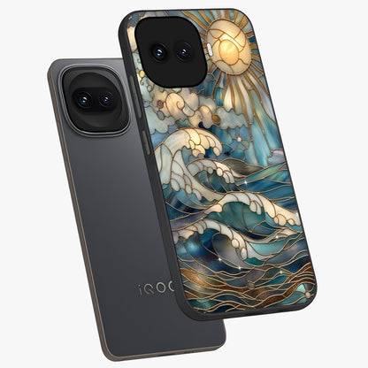 Oceanic Stained Printed Glass Case displayed in angled mockup highlighting colorful aquatic design with artistic aesthetic style.