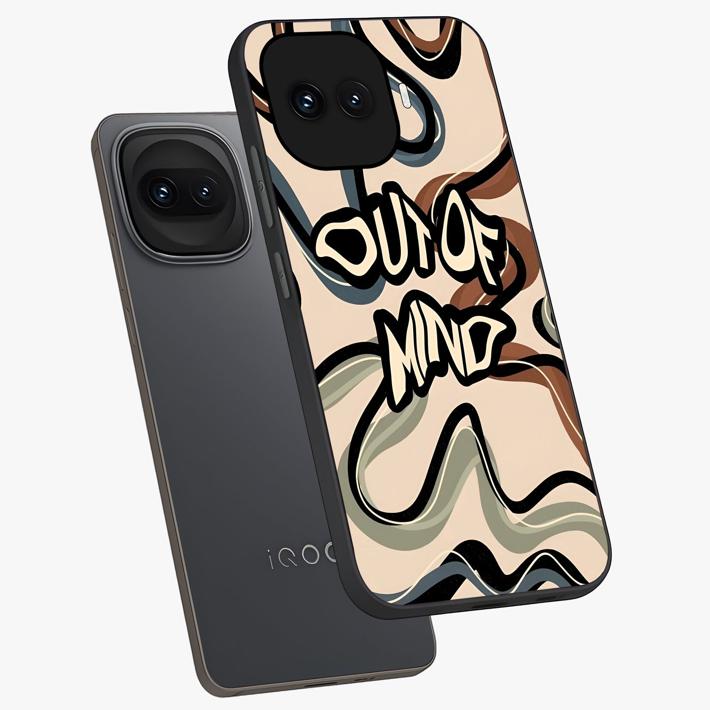 Out Of Mind Glass Case displayed in angled mockup highlighting bold statement design with modern artistic aesthetic.