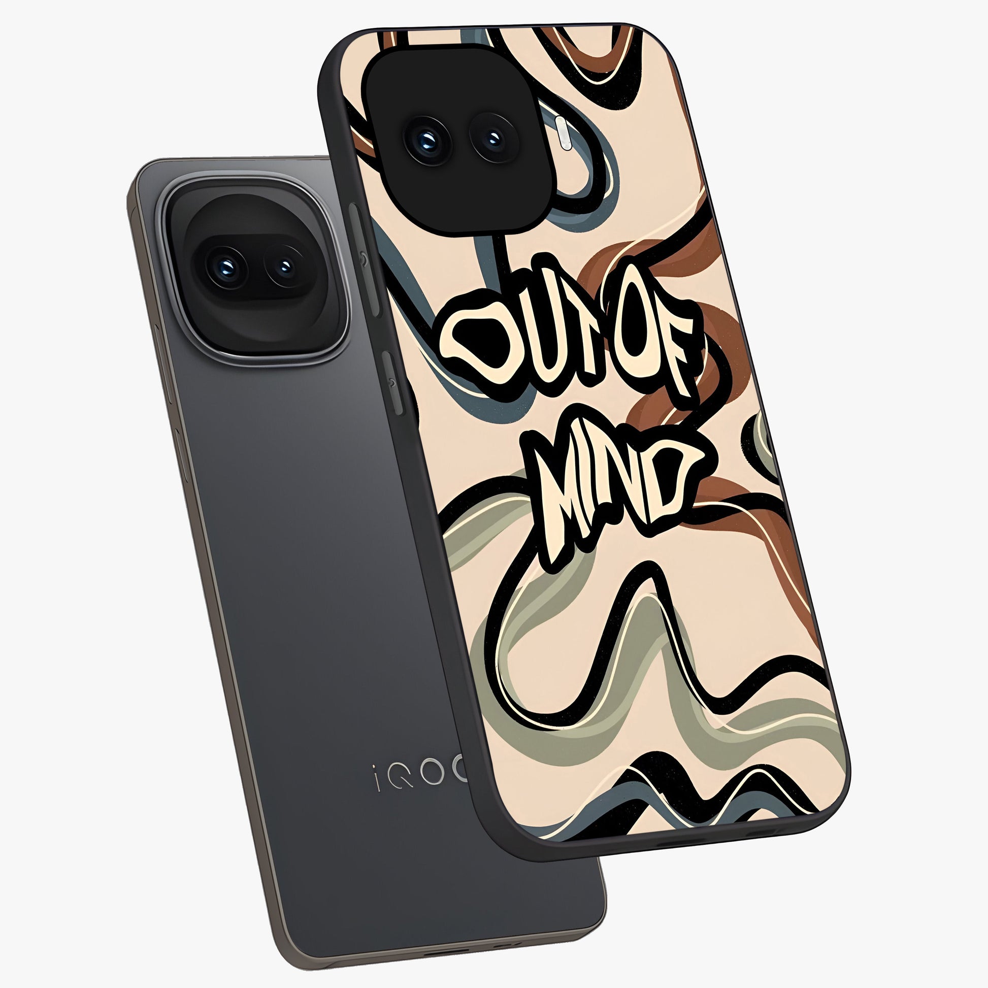 Out Of Mind Glass Case displayed in angled mockup highlighting bold statement design with modern artistic aesthetic.