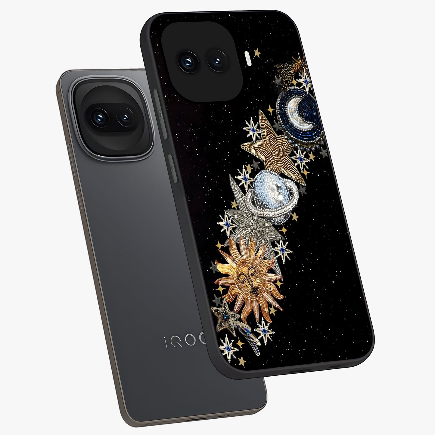 Pearls Universe Object Glass Case displayed in angled mockup highlighting celestial pearl design with dreamy aesthetic.
