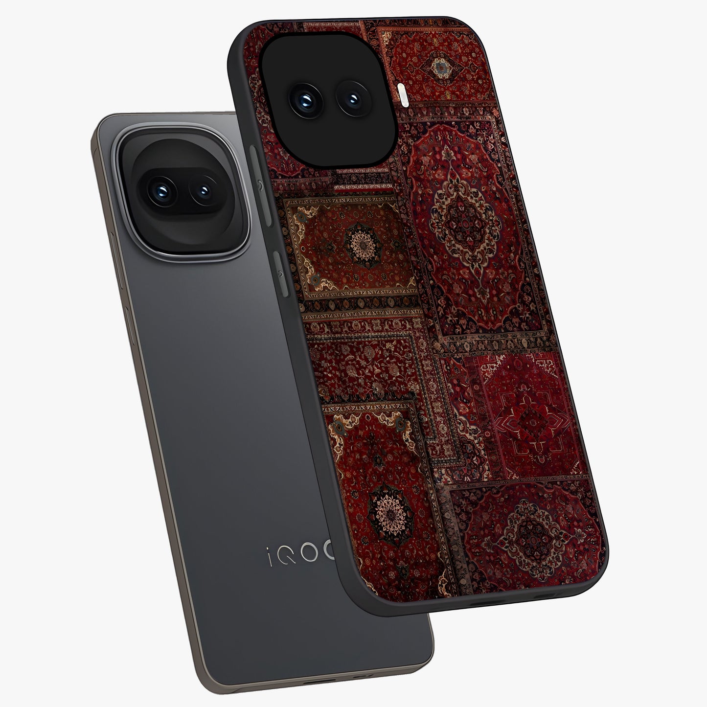 Persian Velvet Tale Glass Case displayed in angled mockup highlighting ornate textile inspired design with royal aesthetic.