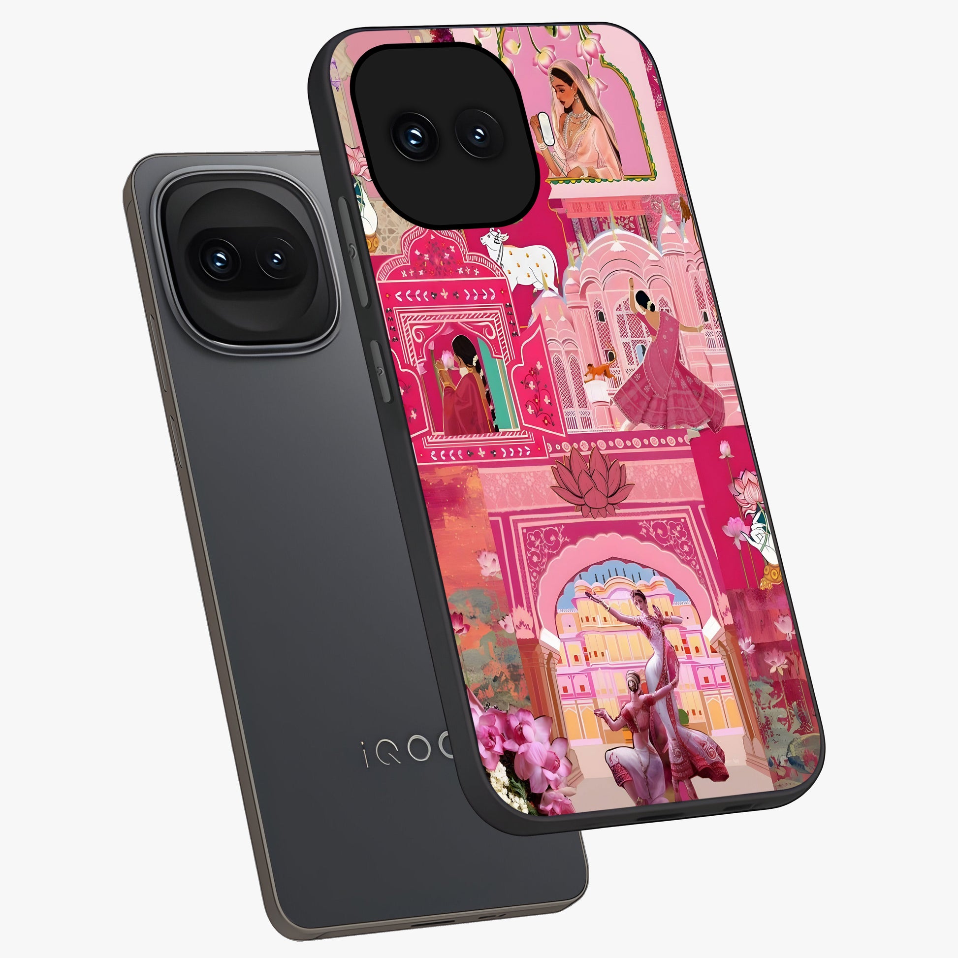 Pink Palace Muse Glass Case displayed in angled mockup highlighting dreamy palace illustration with soft pink aesthetic.