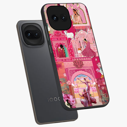 Pink Palace Muse Glass Case displayed in angled mockup highlighting dreamy palace illustration with soft pink aesthetic.