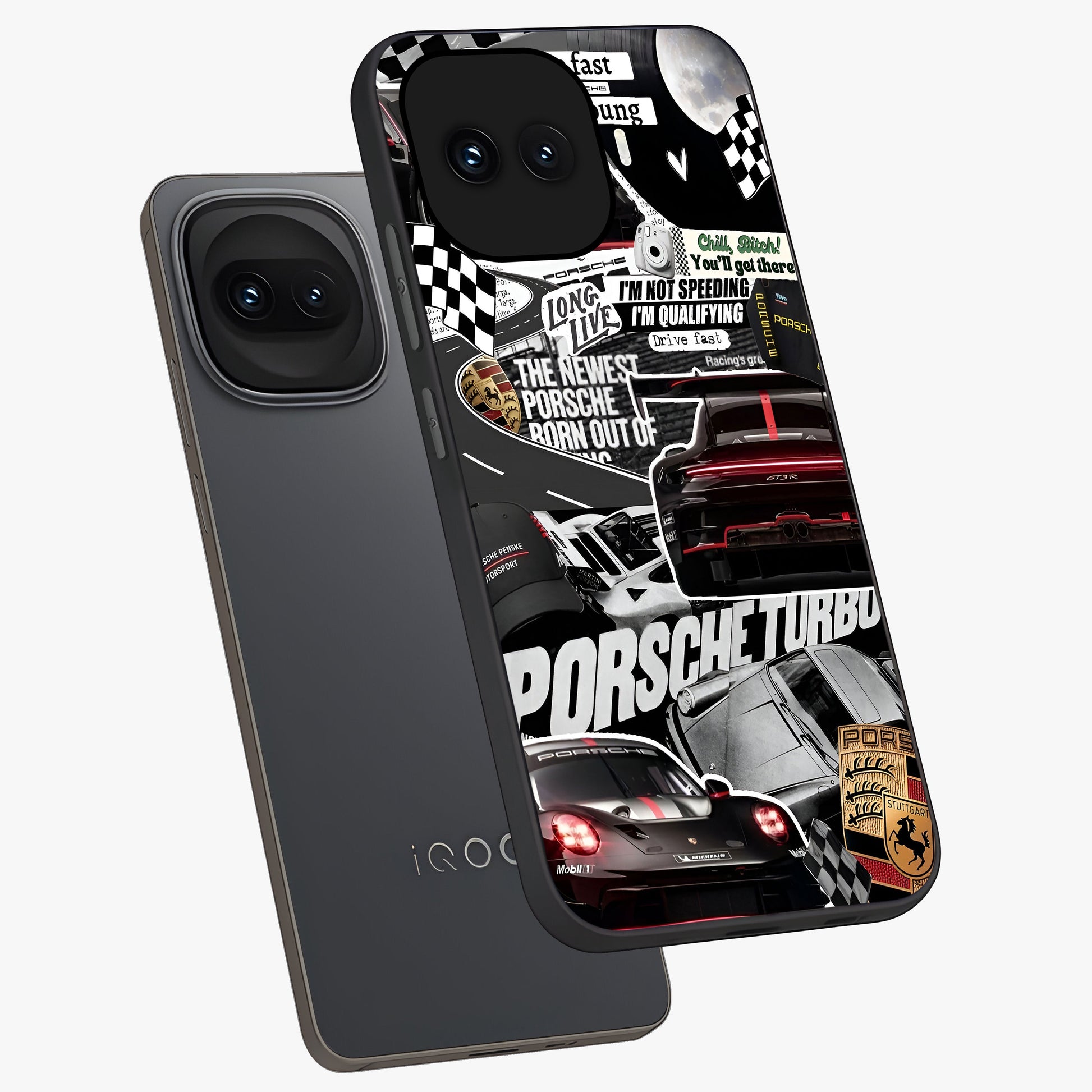 Porsche Racing Collage Glass Case displayed in angled mockup highlighting dynamic automotive design with bold racing aesthetic.