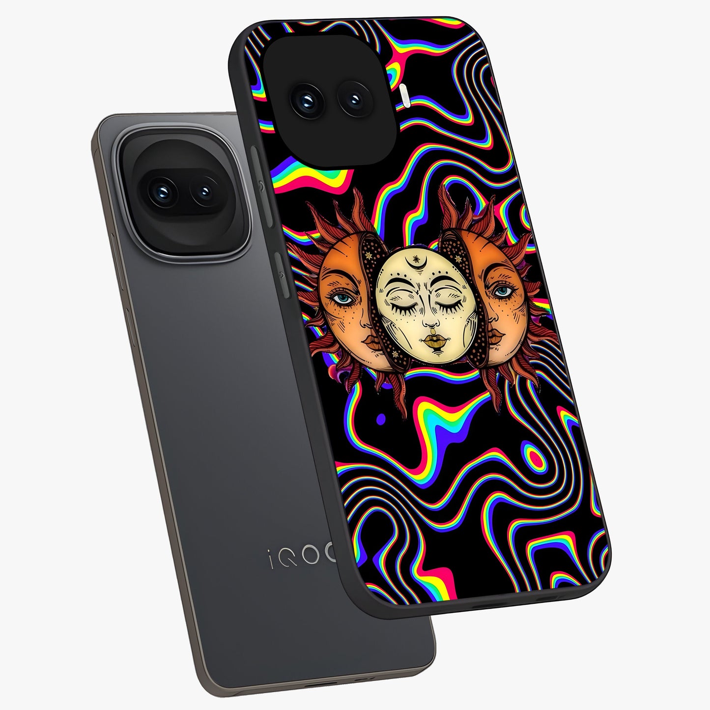 Psychedelic Sun Glass Case displayed in angled mockup highlighting vibrant abstract sun design with artistic aesthetic style.