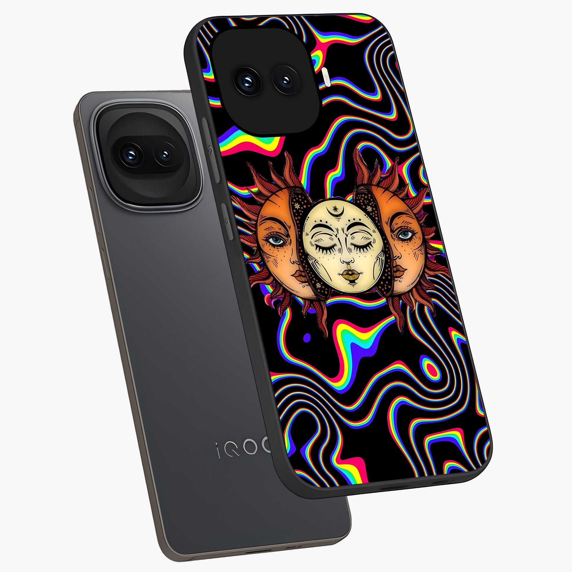 Psychedelic Sun Glass Case displayed in angled mockup highlighting vibrant abstract sun design with artistic aesthetic style.