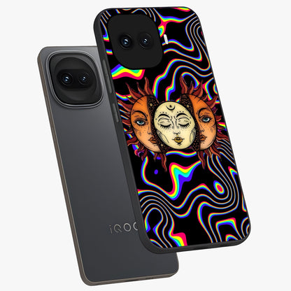 Psychedelic Sun Glass Case displayed in angled mockup highlighting vibrant abstract sun design with artistic aesthetic style.