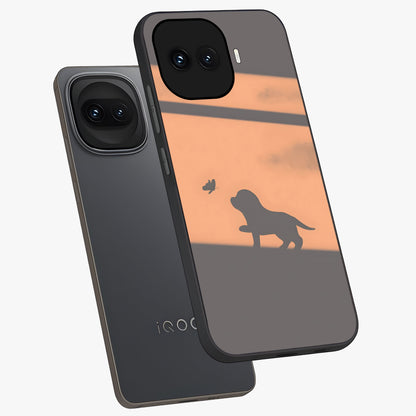 Puppy Shadow Art Glass Case displayed in angled mockup highlighting playful dog illustration with artistic shadow aesthetic.
