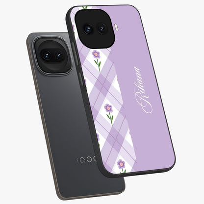 Purple Diamond Floral Glass Case displayed in angled mockup highlighting elegant purple flower design with decorative pattern.