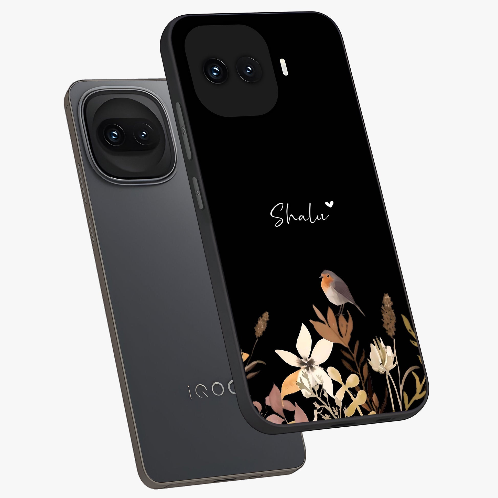 Quiet Garden Tune Custom Name Glass Case displayed in angled mockup highlighting delicate floral garden design with custom name feature.