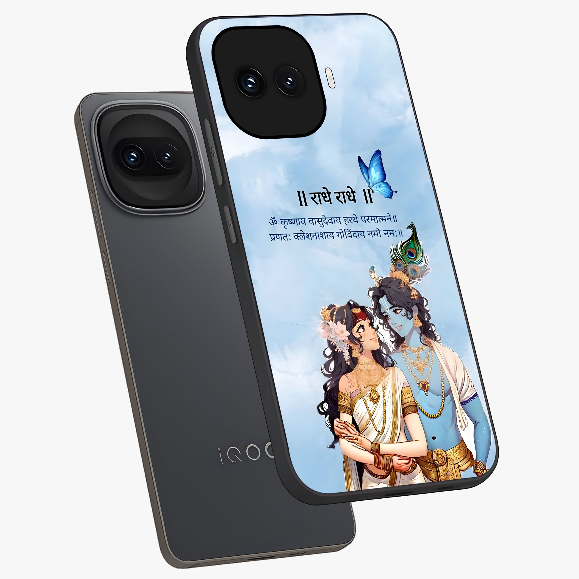 Radha Krishna Eternal Glass Case displayed in angled mockup highlighting divine Radha Krishna illustration with spiritual aesthetic.