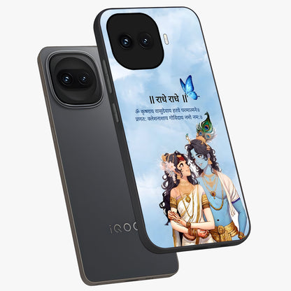 Radha Krishna Eternal Glass Case displayed in angled mockup highlighting divine Radha Krishna illustration with spiritual aesthetic.
