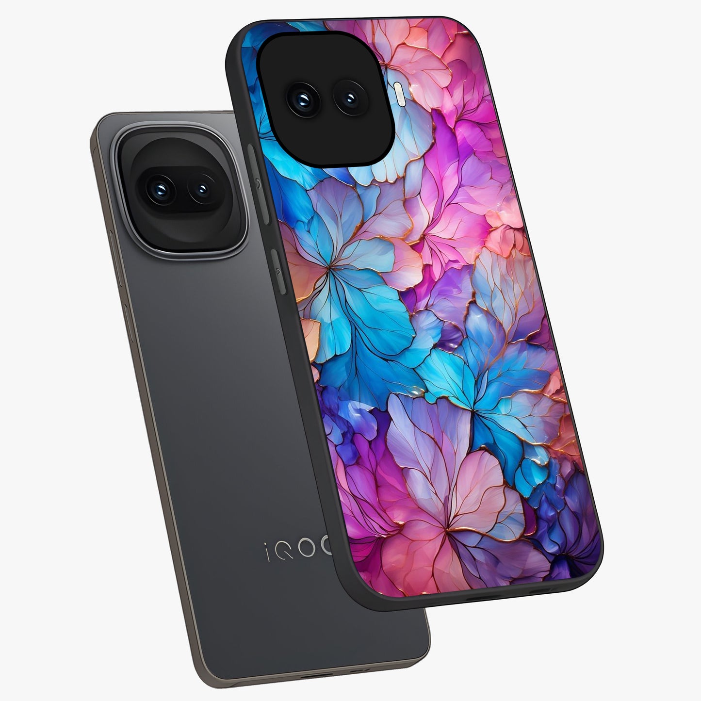 Radiant Floral Whirl Glass Case displayed in angled mockup highlighting vibrant flower pattern with dynamic artistic aesthetic.