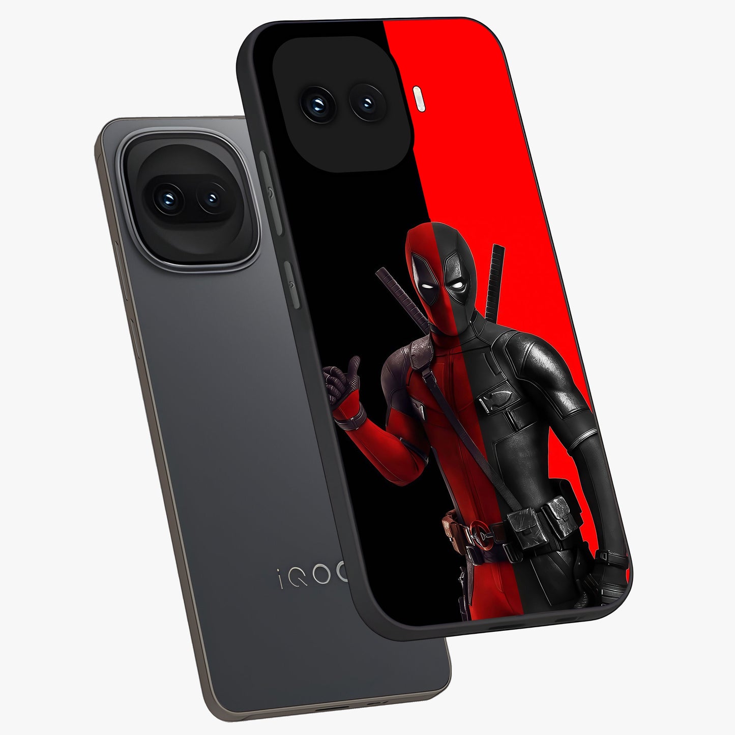 Red & Black Deadpool Theme Glass Case displayed in angled mockup highlighting vibrant superhero style illustration with action aesthetic.
