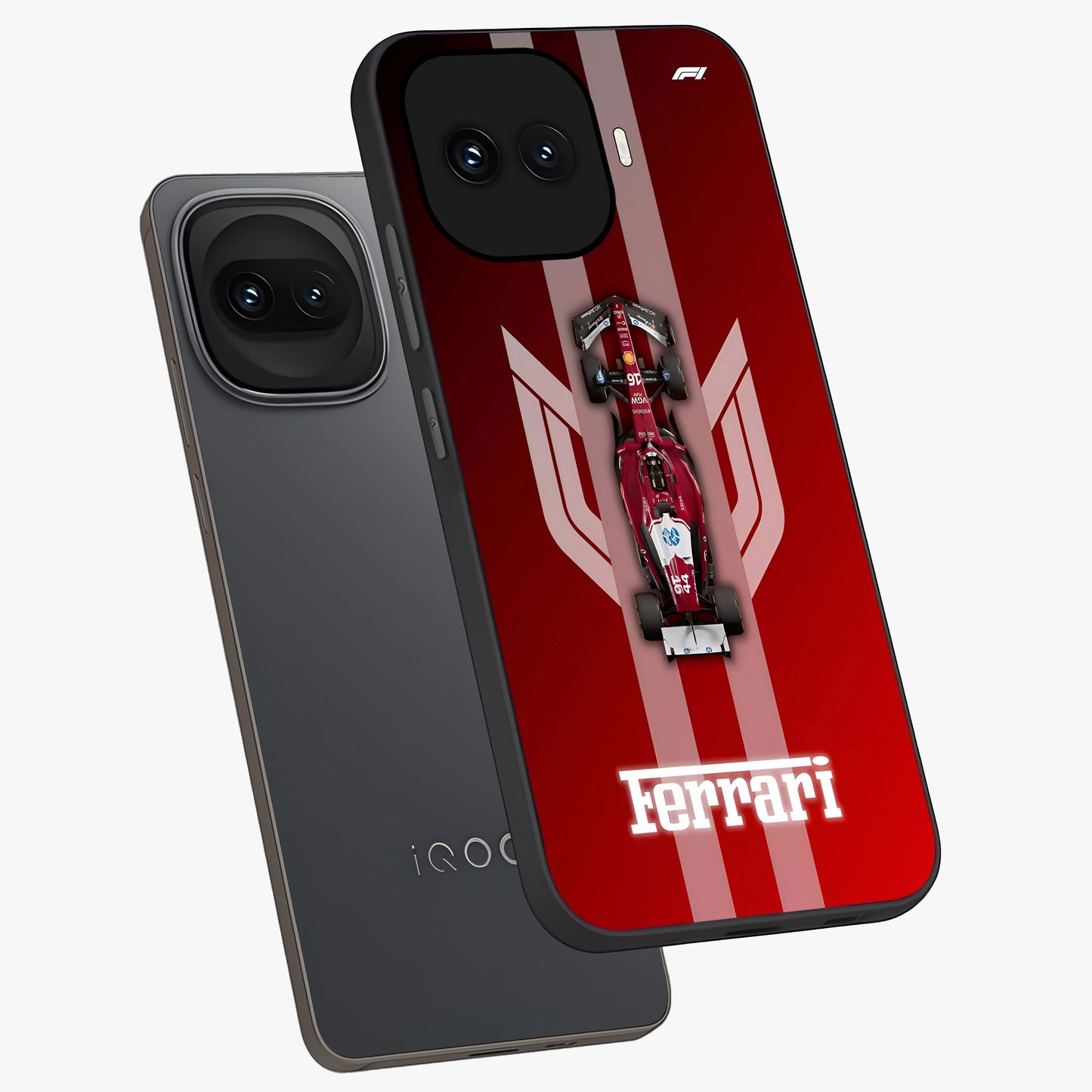 Red Ferrari F1 Vertical Glass Case displayed in angled mockup highlighting high speed racing design with bold automotive aesthetic.