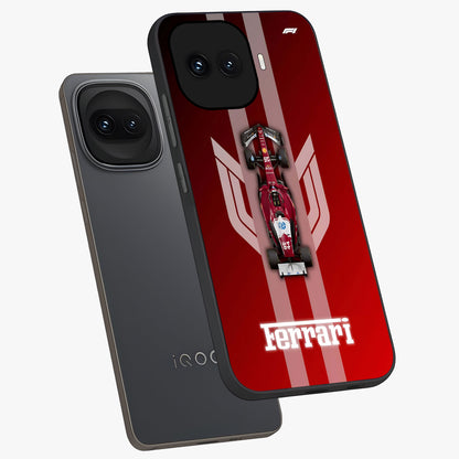 Red Ferrari F1 Vertical Glass Case displayed in angled mockup highlighting high speed racing design with bold automotive aesthetic.