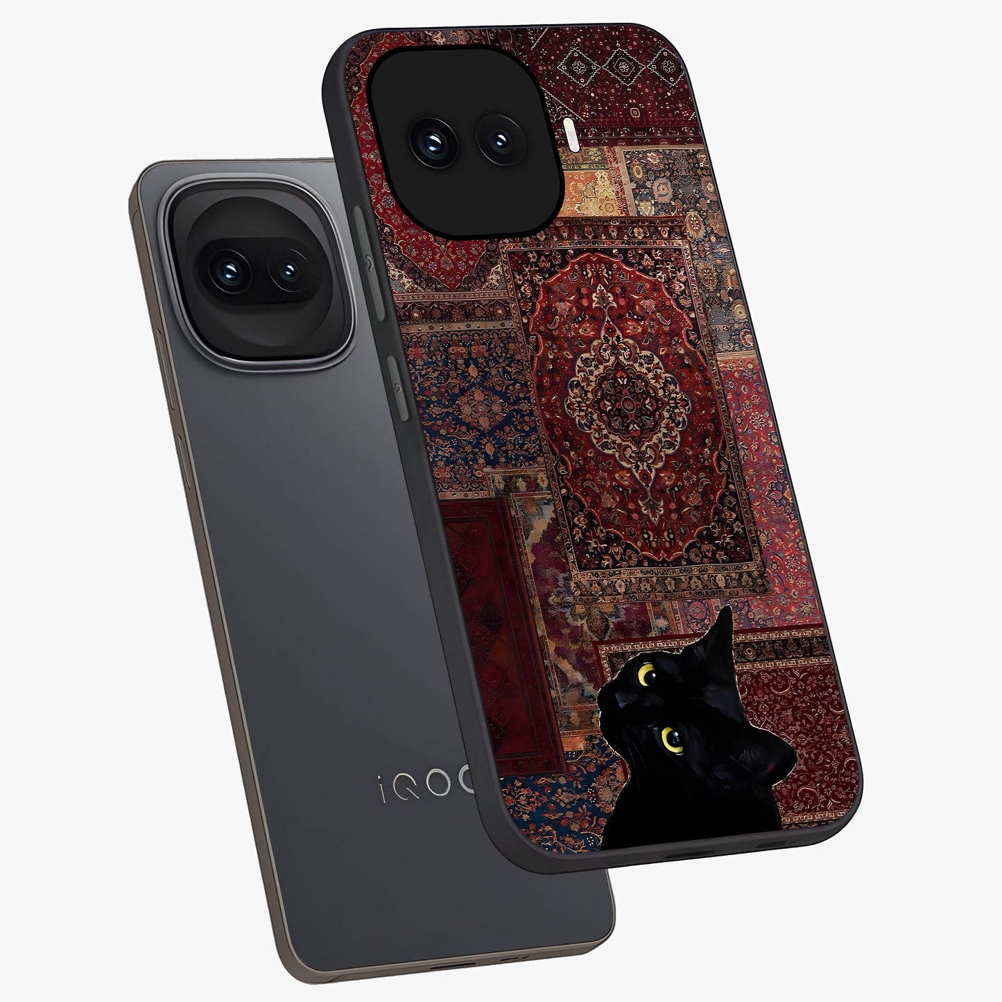 Regal Magic Cat Apple Glass Case displayed in angled mockup highlighting whimsical feline design with fantasy aesthetic.