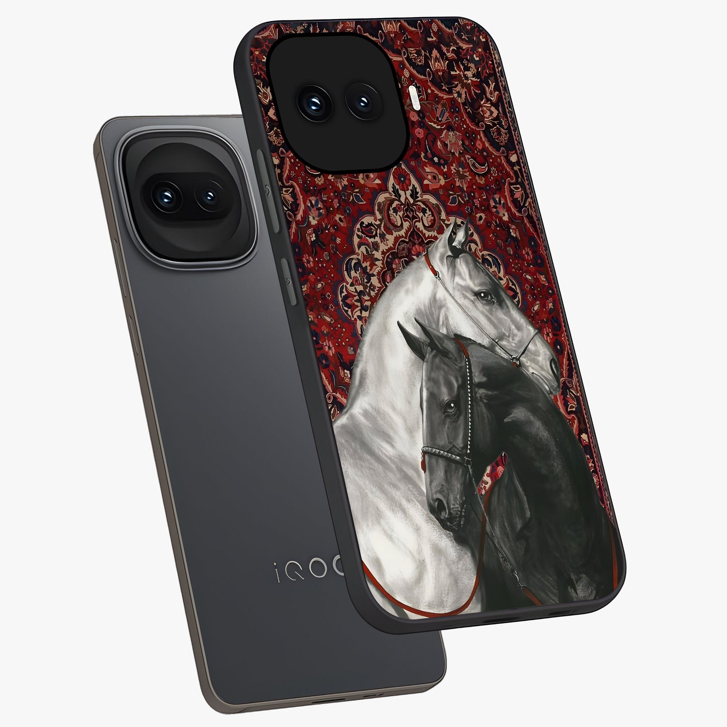 Regal Stallion Tapestry Glass Case displayed in angled mockup highlighting royal stallion design with decorative heritage aesthetic.