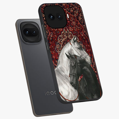 Regal Stallion Tapestry Glass Case displayed in angled mockup highlighting royal stallion design with decorative heritage aesthetic.