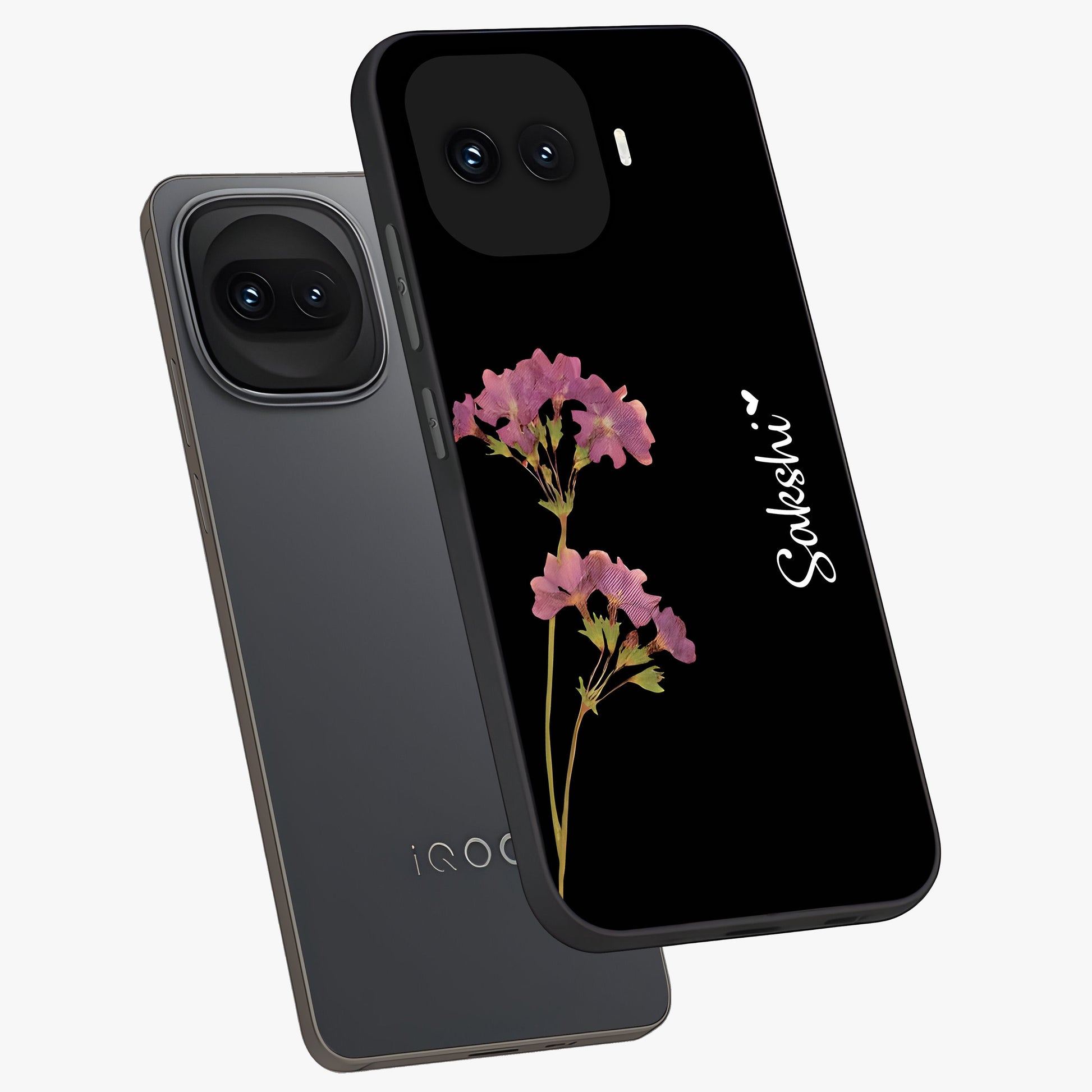 Riching Lavender Flower Custom Name Glass Case displayed in angled mockup highlighting delicate lavender flower design with custom name feature.