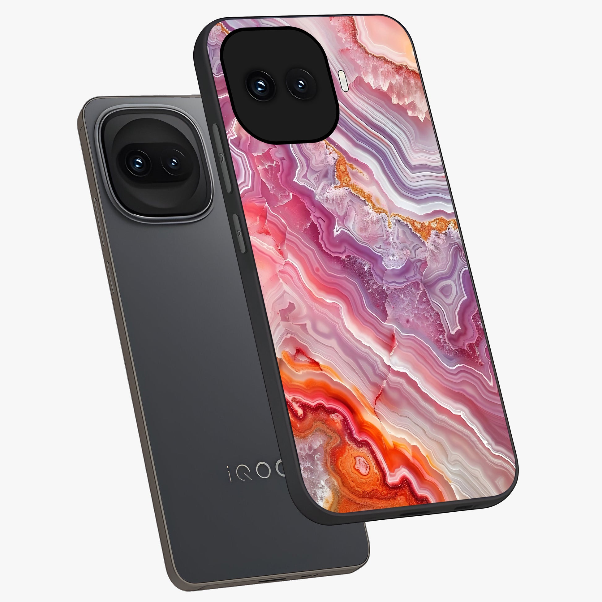 Rose Quartz Marble Glass Case displayed in angled mockup highlighting elegant marble pattern with soft aesthetic style.