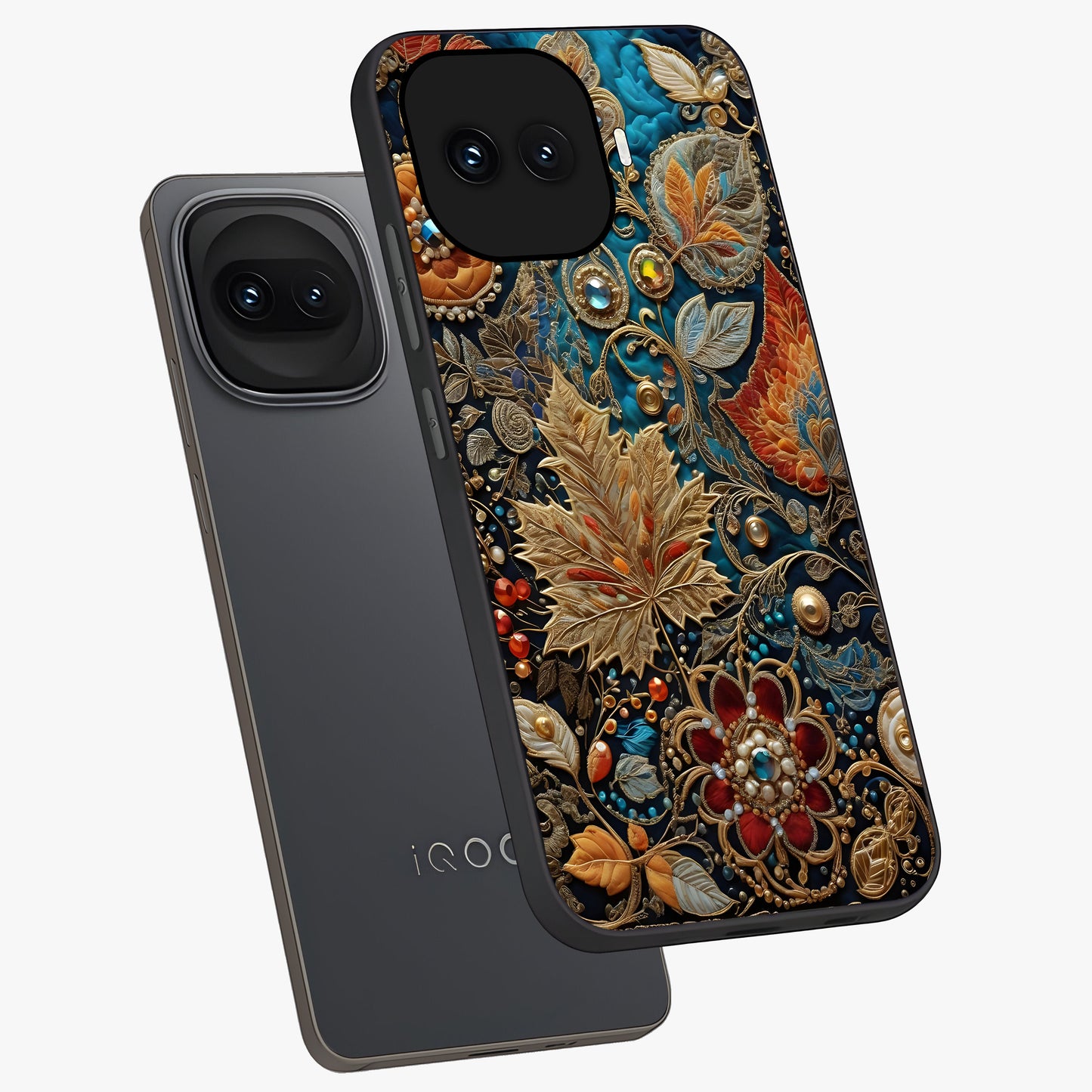Royal Jewel Garden Glass Case displayed in angled mockup highlighting vibrant jewel inspired floral design with elegant aesthetic.