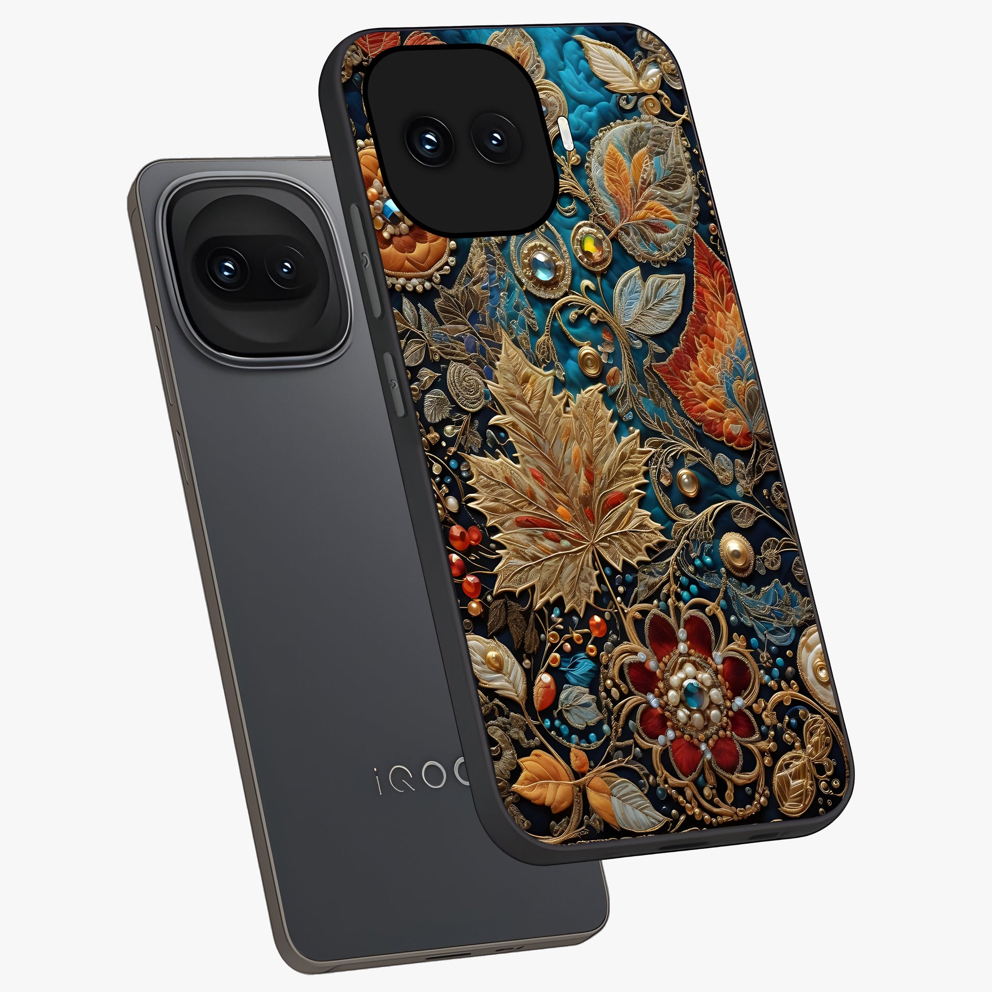 Royal Jewel Garden Glass Case displayed in angled mockup highlighting vibrant jewel inspired floral design with elegant aesthetic.