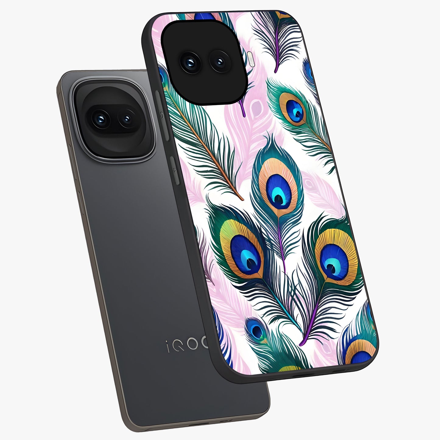 Royal Peacock Feathers Glass Case displayed in angled mockup highlighting vibrant feather pattern with regal aesthetic style.