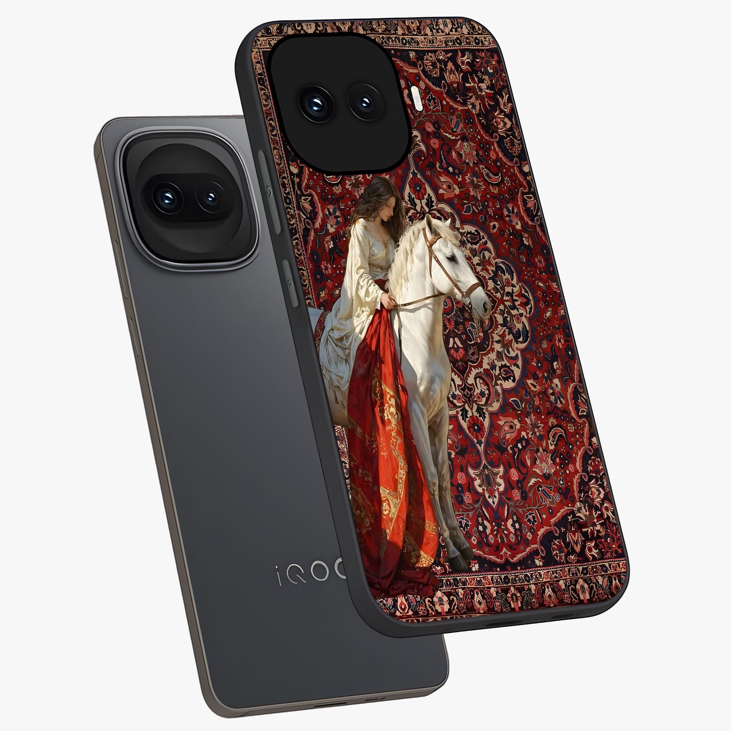 Royal Rider Tapestry Glass Case displayed in angled mockup highlighting traditional tapestry design with royal heritage aesthetic.
