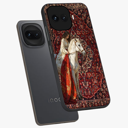 Royal Rider Tapestry Glass Case displayed in angled mockup highlighting traditional tapestry design with royal heritage aesthetic.