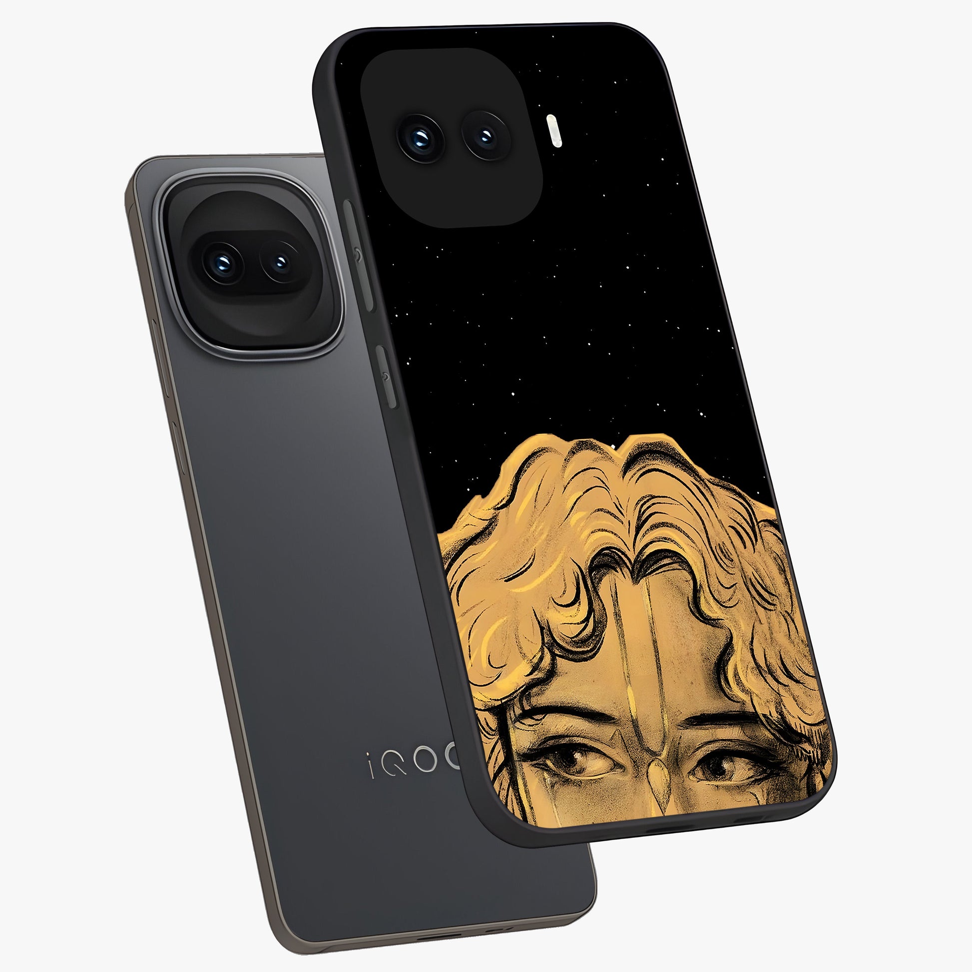 Shri Krishna Art Glass Case displayed in angled mockup highlighting spiritual Krishna illustration with divine aesthetic.