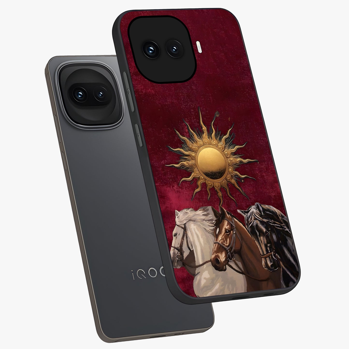 Solar Riders Glass Case displayed in angled mockup highlighting powerful rider illustration with radiant solar aesthetic.