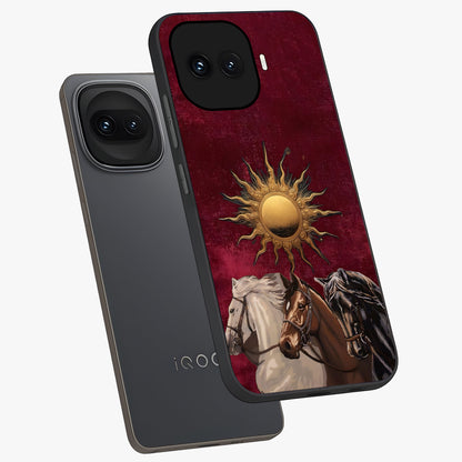 Solar Riders Glass Case displayed in angled mockup highlighting powerful rider illustration with radiant solar aesthetic.