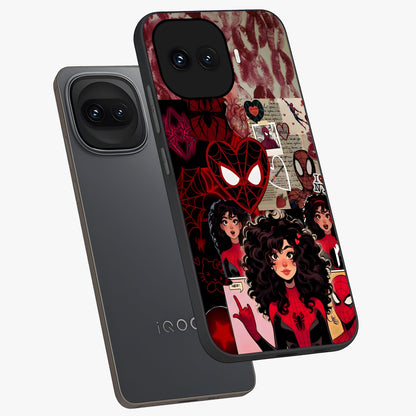 Spider Love Story Glass Case displayed in angled mockup highlighting expressive comic inspired design with playful aesthetic.