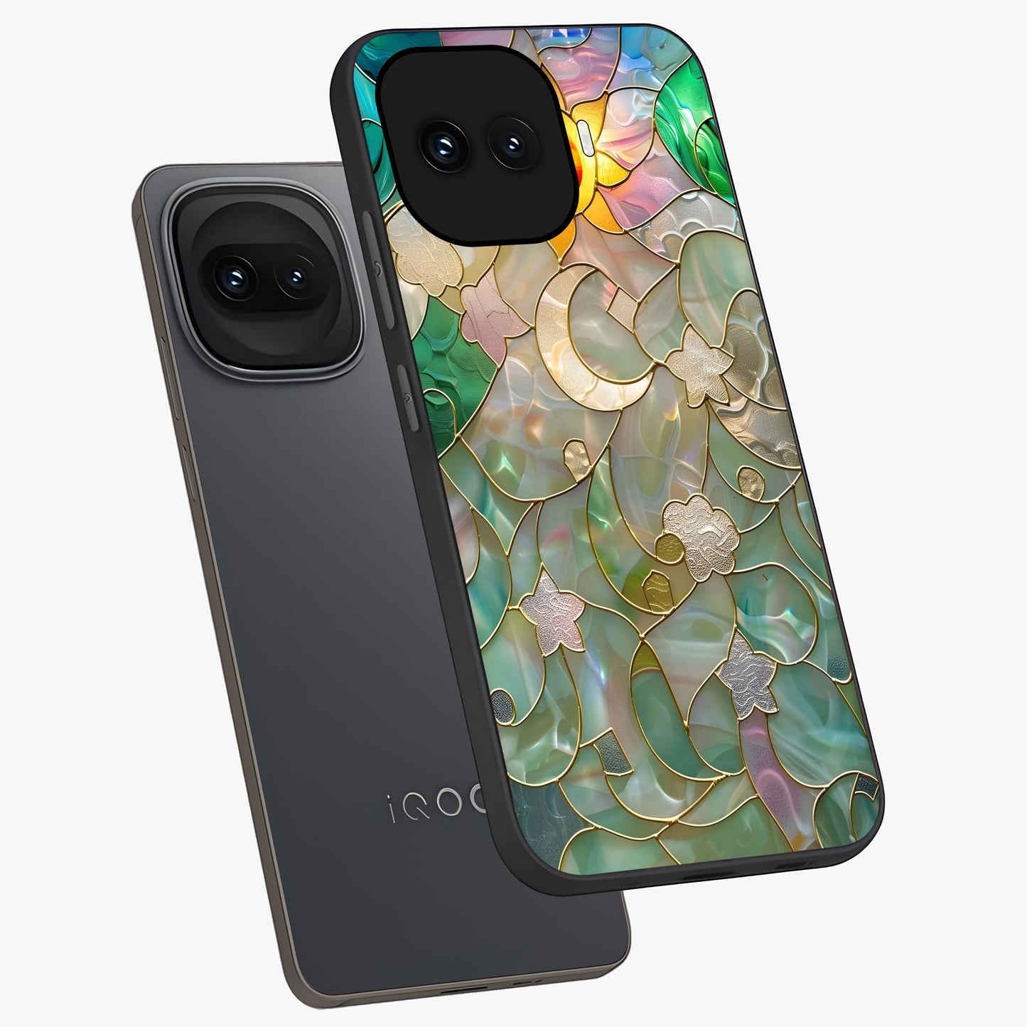 Stained Sunrise Glow Glass Case displayed in angled mockup highlighting radiant sunrise design with artistic aesthetic style.
