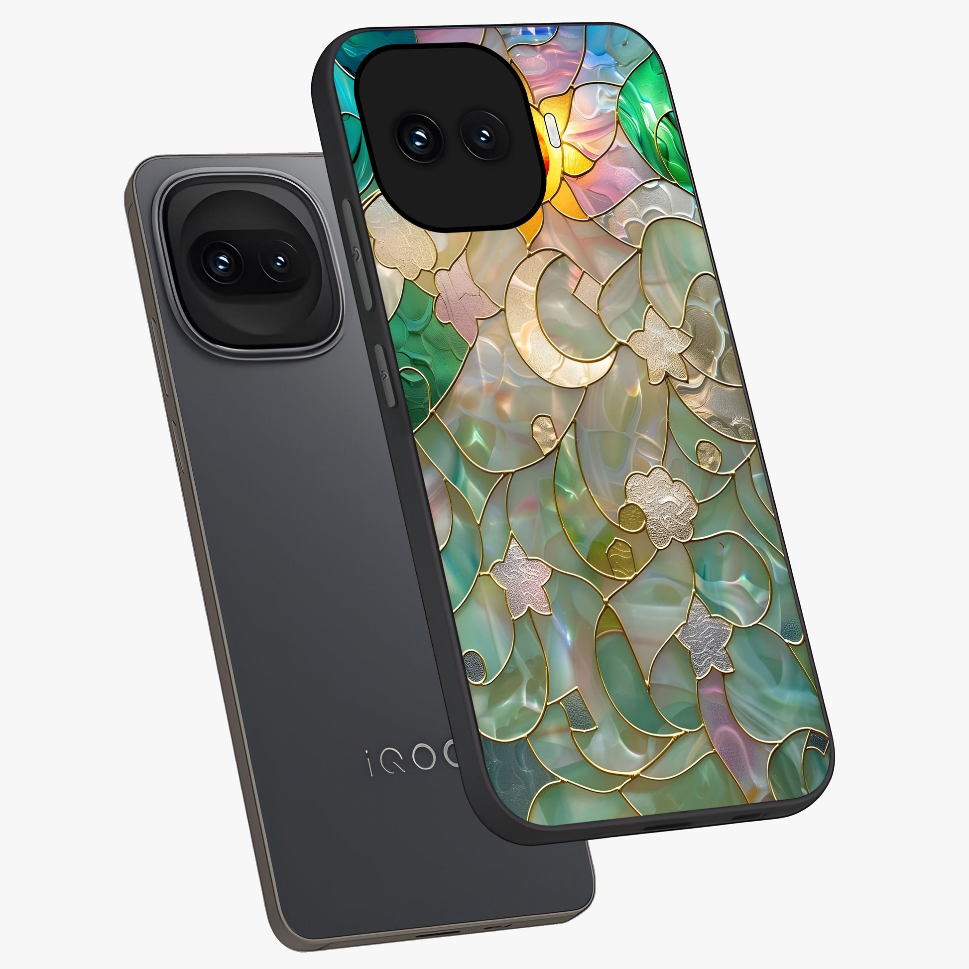 Stained Sunrise Glow Glass Case displayed in angled mockup highlighting radiant sunrise design with artistic aesthetic style.