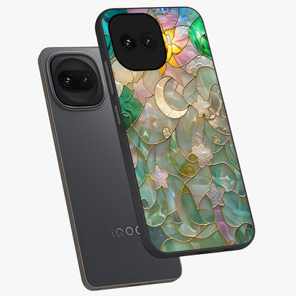 Stained Sunrise Glow Glass Case displayed in angled mockup highlighting radiant sunrise design with artistic aesthetic style.