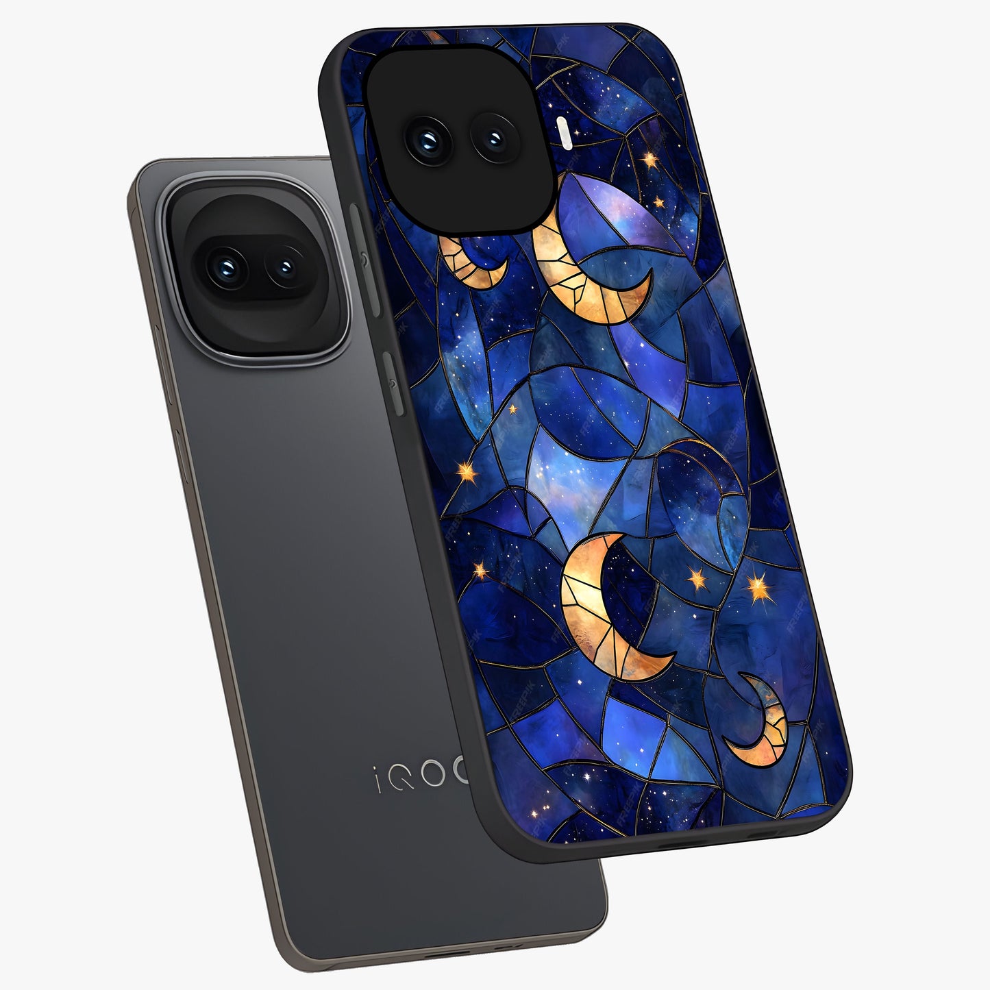 Starlit Sky Tapestry Glass Case displayed in angled mockup highlighting celestial night pattern with artistic aesthetic style.