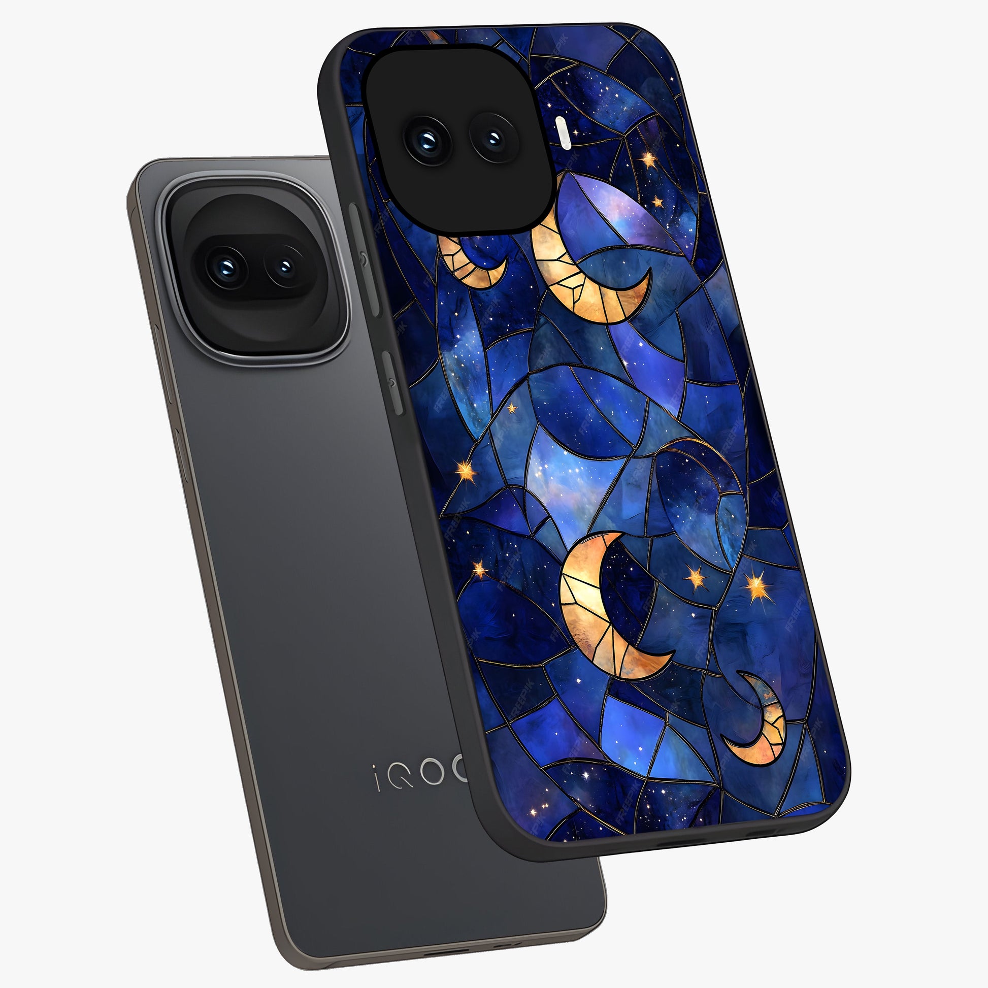 Starlit Sky Tapestry Glass Case displayed in angled mockup highlighting celestial night pattern with artistic aesthetic style.