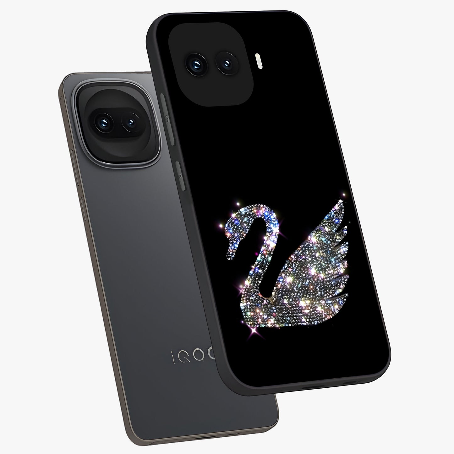 Starlit Swan Grace Glass Case displayed in angled mockup highlighting elegant swan illustration with dreamy celestial aesthetic.