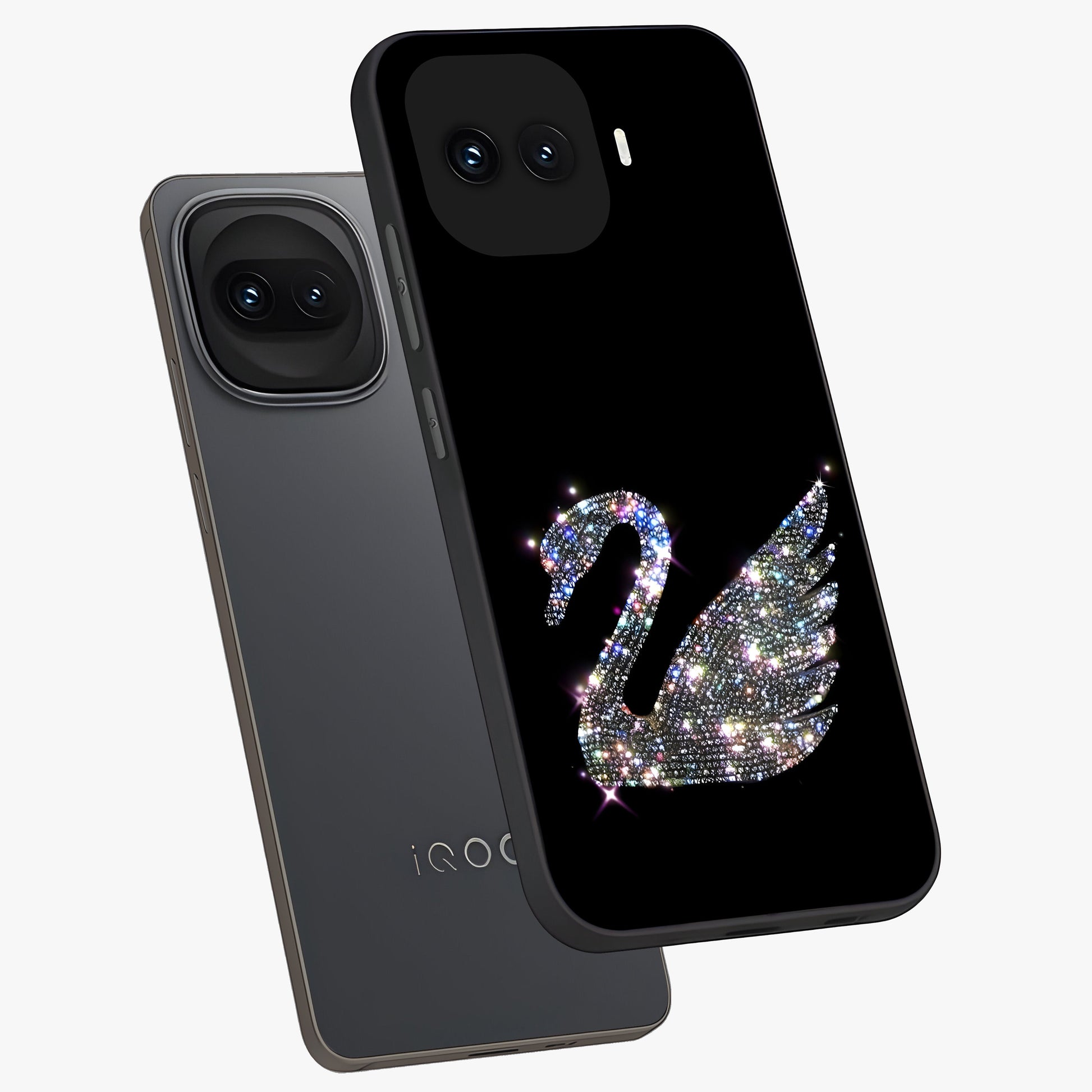 Starlit Swan Grace Glass Case displayed in angled mockup highlighting elegant swan illustration with dreamy celestial aesthetic.