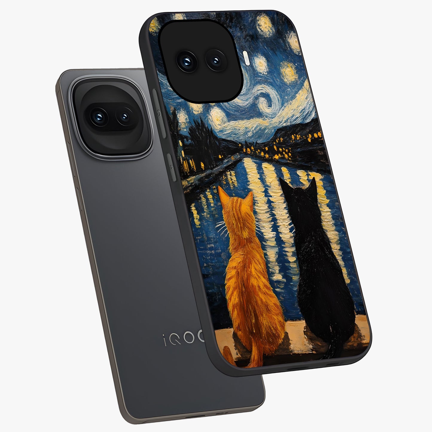 Starry River Cats Glass Case displayed in angled mockup highlighting charming feline illustration with dreamy night aesthetic.