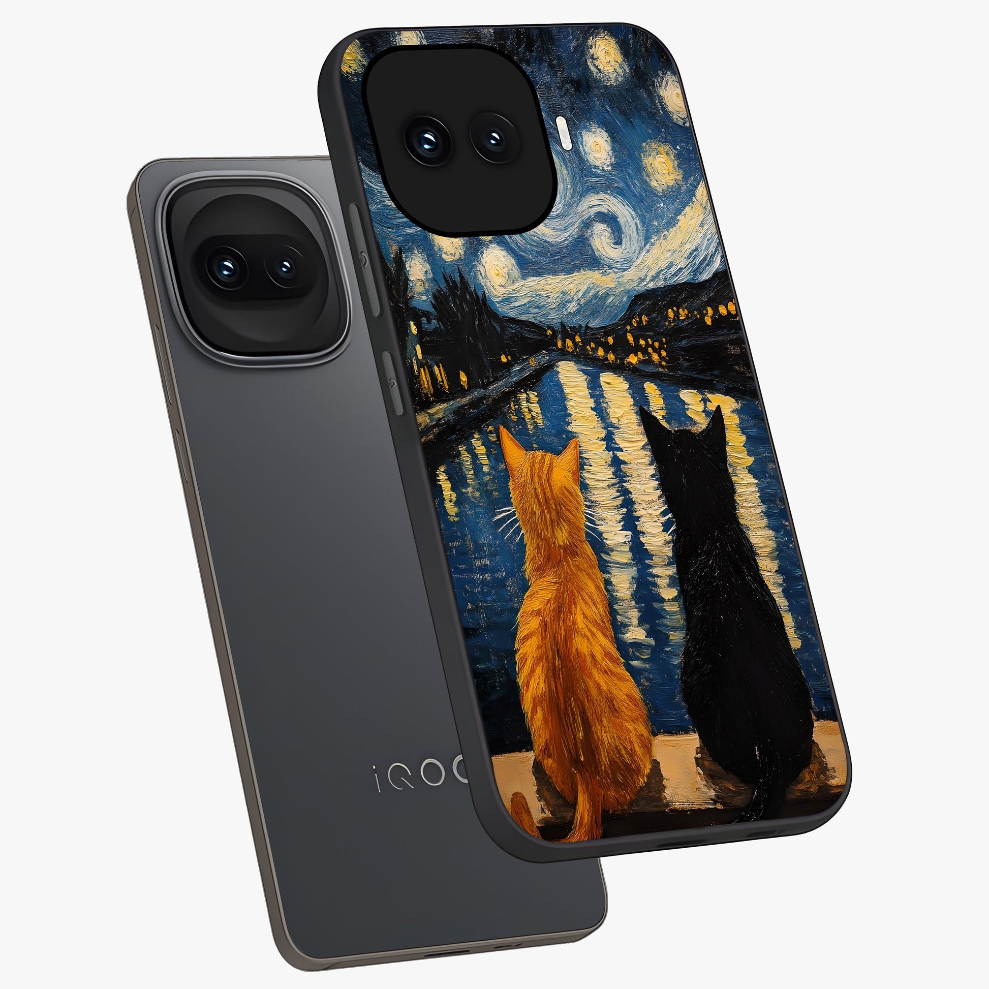 Starry River Cats Glass Case displayed in angled mockup highlighting charming feline illustration with dreamy night aesthetic.