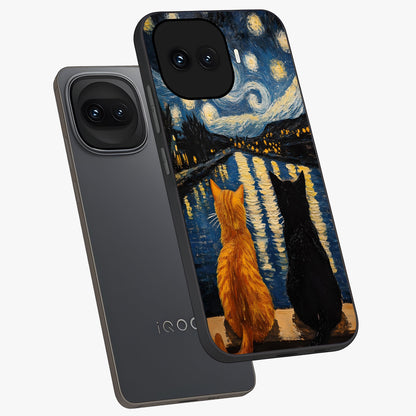 Starry River Cats Glass Case displayed in angled mockup highlighting charming feline illustration with dreamy night aesthetic.