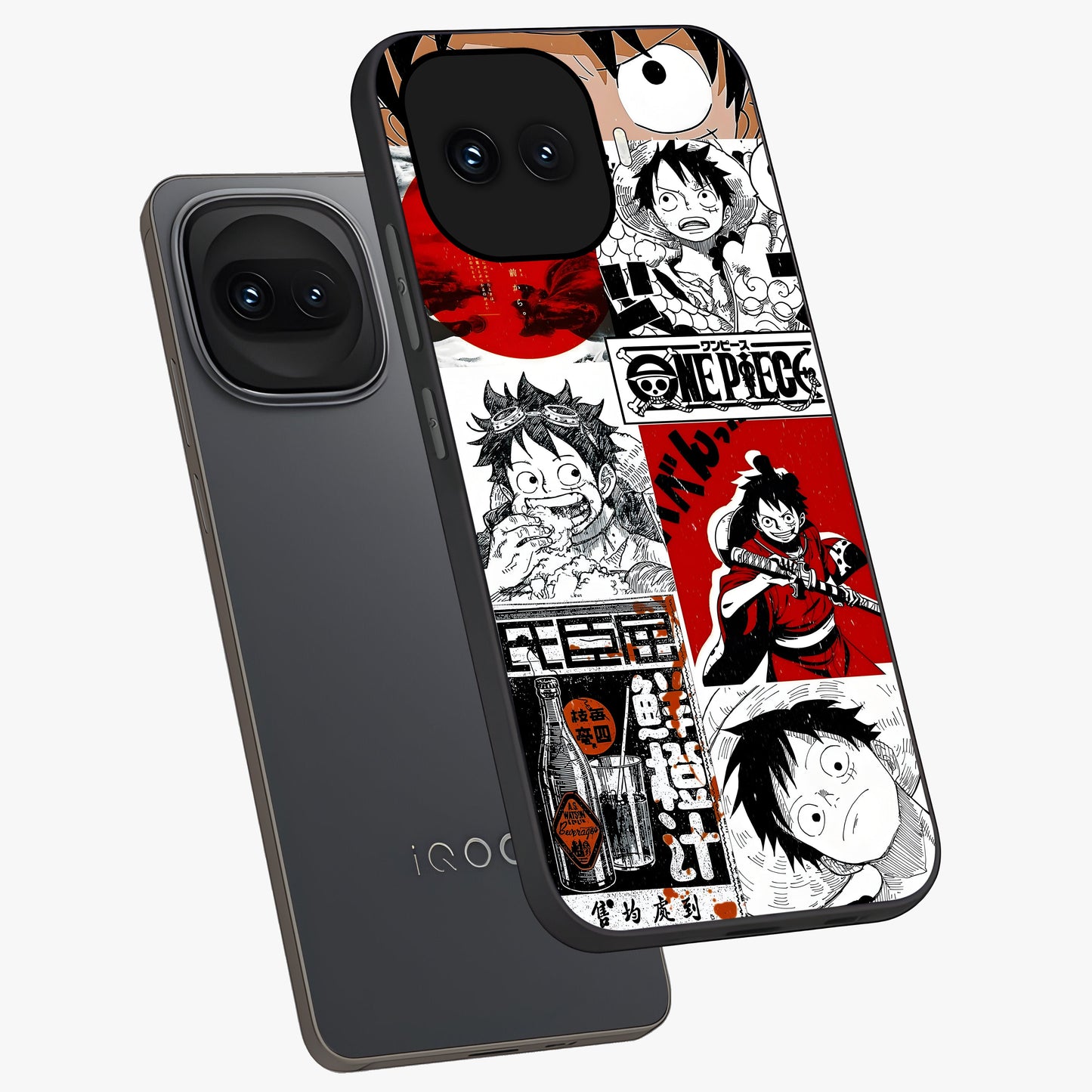 Strawhat Chaos Panels Glass Case displayed in angled mockup highlighting vibrant anime collage design with action aesthetic.